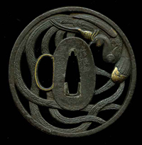 Large tsuba with a well cut design of a Ho&rsquo;o or phoenix bird. Design is well cut with small gold accents for the main design. In good condition, signed Hikone Ju Mogarashi Nyudo&hellip;