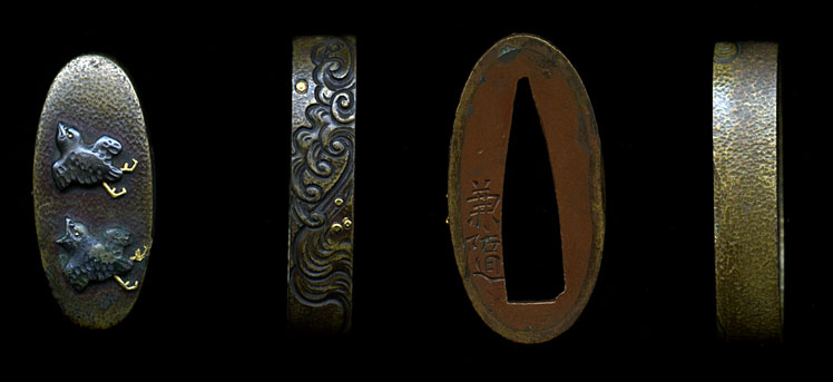 Signed Hamano School set of fuchi kashira. Done in Shinchu, with use of gold and silver for the accents, this is a very pleasant set for mounting. The design of birds and waves is always a nice theme, and is well executed here in this set. The signature is that of Kenzui who is very well known from the Hamano School.
